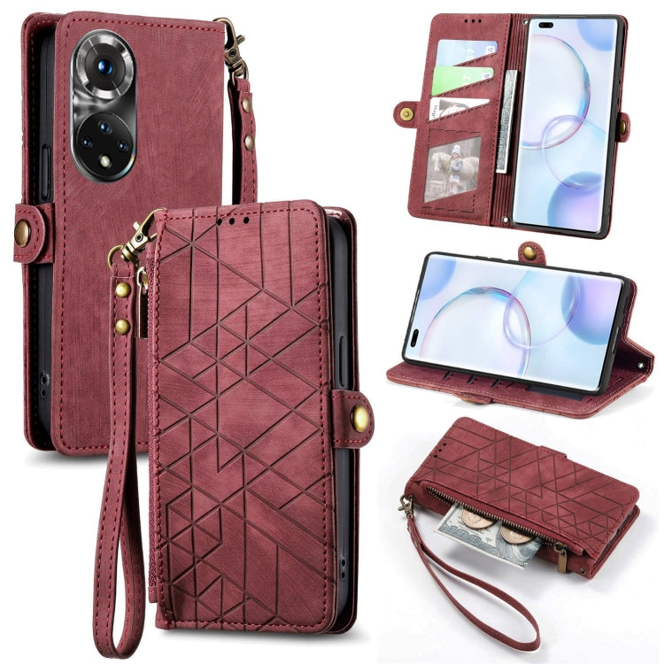 Geometric Zipper Wallet Side Buckle Leather Phone Case, For Honor 50 Pro, For Honor 50, For Honor 50 SE, For Honor V40