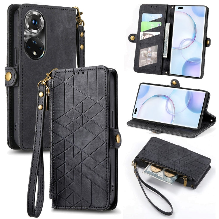 Geometric Zipper Wallet Side Buckle Leather Phone Case, For Honor 50 Pro, For Honor 50, For Honor 50 SE, For Honor V40
