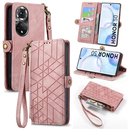 Geometric Zipper Wallet Side Buckle Leather Phone Case, For Honor 50 Pro, For Honor 50, For Honor 50 SE, For Honor V40