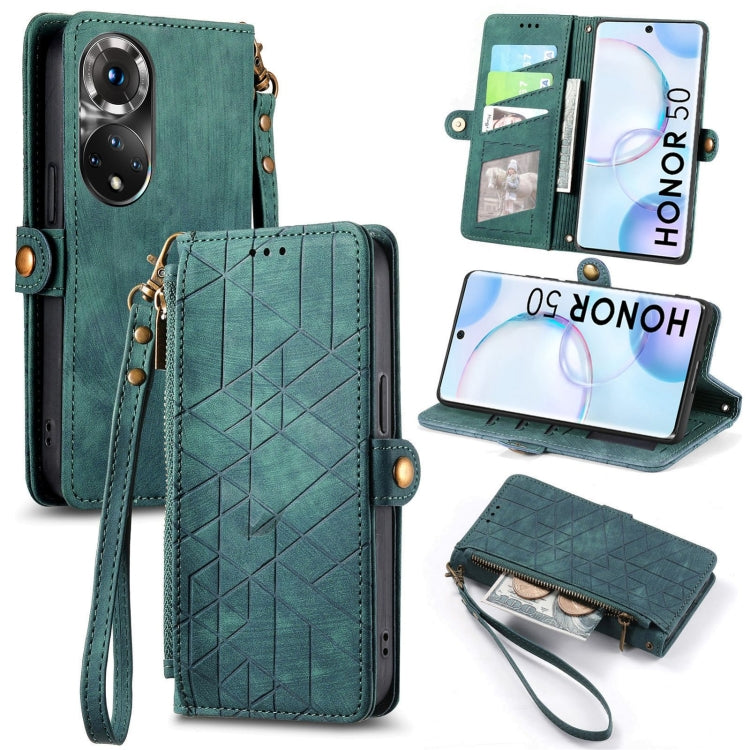 Geometric Zipper Wallet Side Buckle Leather Phone Case, For Honor 50 Pro, For Honor 50, For Honor 50 SE, For Honor V40