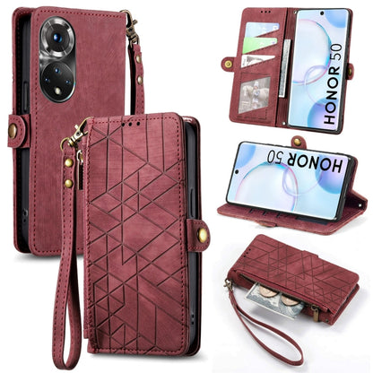 Geometric Zipper Wallet Side Buckle Leather Phone Case, For Honor 50 Pro, For Honor 50, For Honor 50 SE, For Honor V40