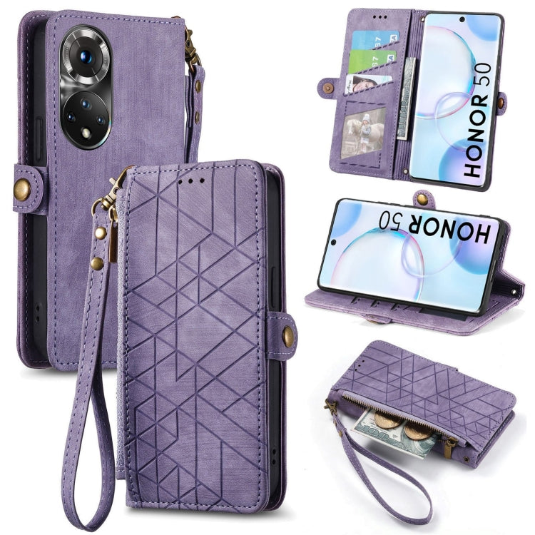 Geometric Zipper Wallet Side Buckle Leather Phone Case, For Honor 50 Pro, For Honor 50, For Honor 50 SE, For Honor V40