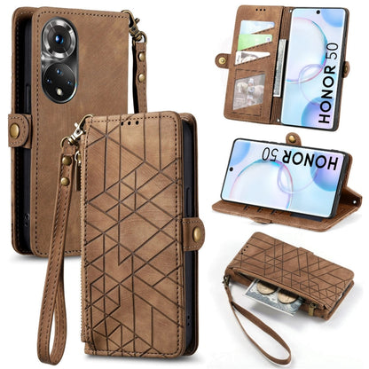 Geometric Zipper Wallet Side Buckle Leather Phone Case, For Honor 50 Pro, For Honor 50, For Honor 50 SE, For Honor V40