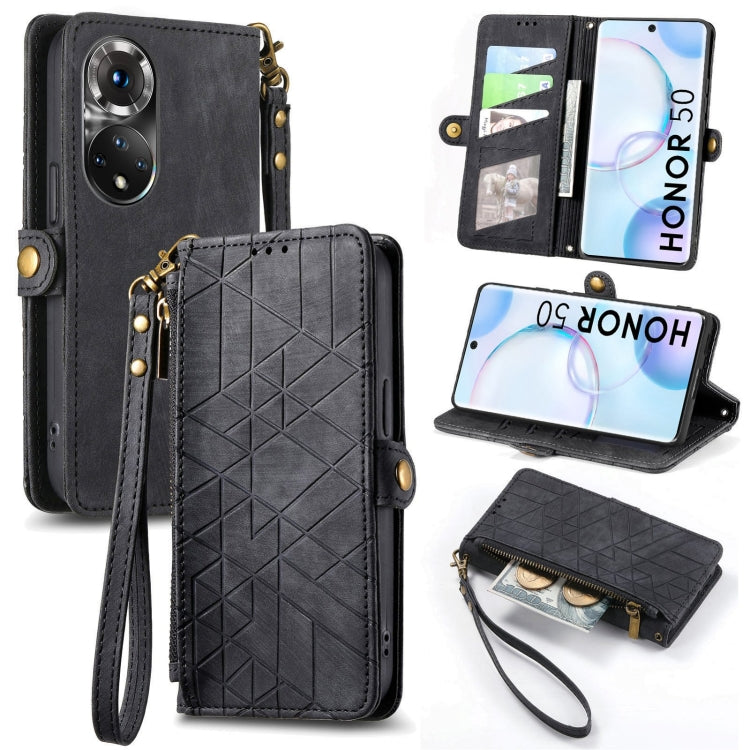 Geometric Zipper Wallet Side Buckle Leather Phone Case, For Honor 50 Pro, For Honor 50, For Honor 50 SE, For Honor V40