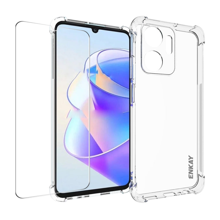 Transparent TPU phone case with glass screen film; front view over device