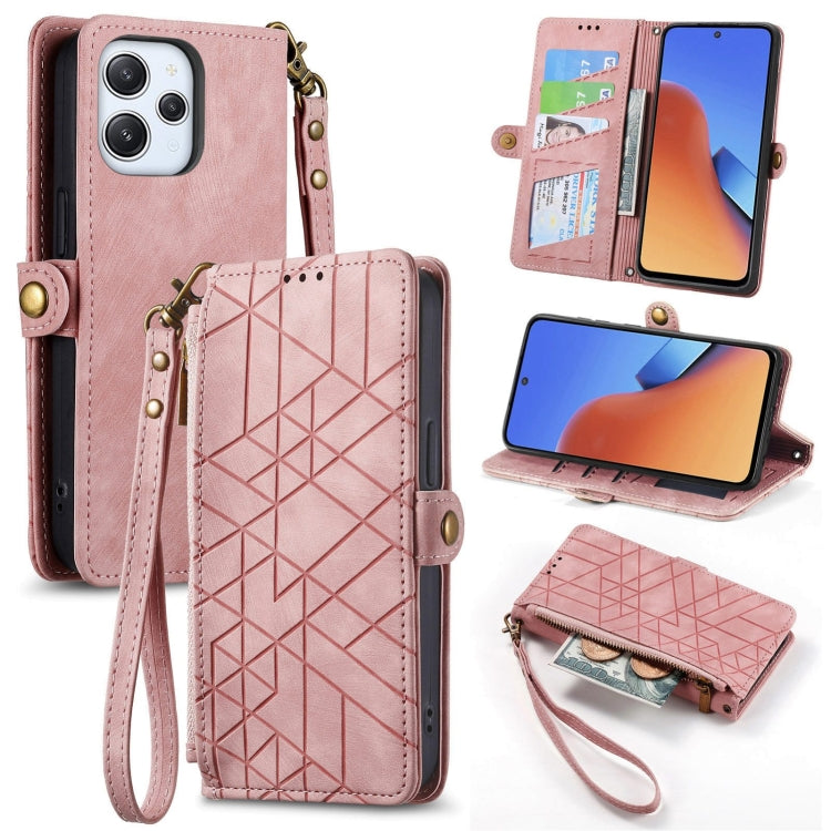 Pink geometric zipper wallet leather phone case with wrist strap and side buckle closure