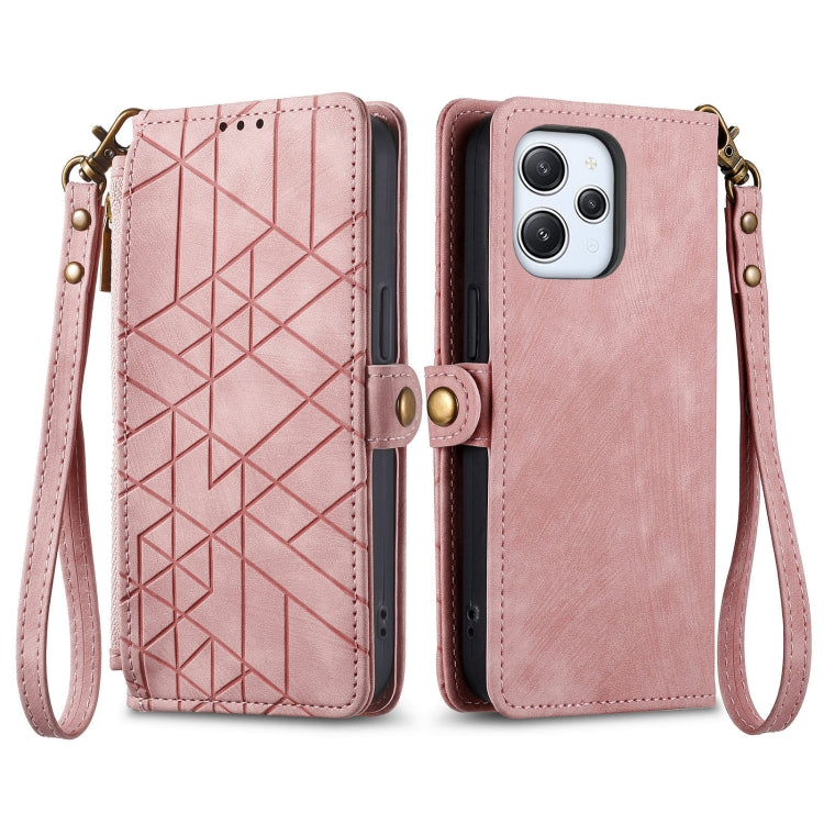 Pink geometric zipper wallet leather phone case with card slots and wrist strap