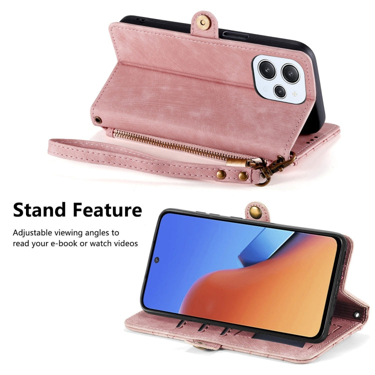 Pink geometric zipper wallet leather phone case with fold stand and wrist strap