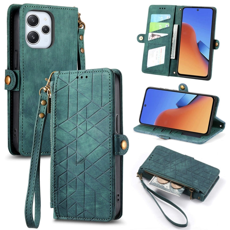 Green geometric zipper wallet leather phone case with card slots and wrist strap