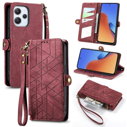 Burgundy geometric zipper wallet leather phone case with card slots and wrist strap