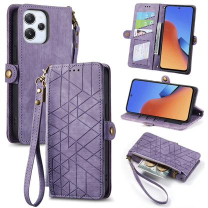 Purple geometric zipper wallet leather phone case with card slots and wrist strap