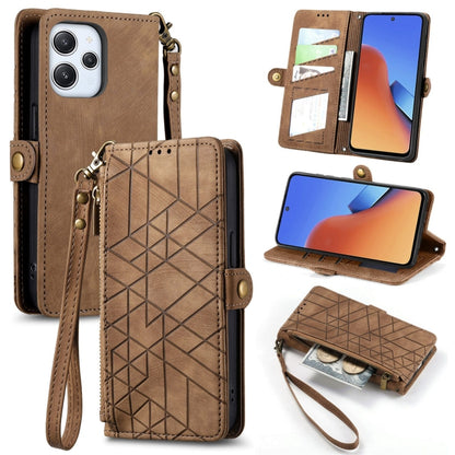 Brown geometric zipper wallet leather phone case with card slots and wrist strap