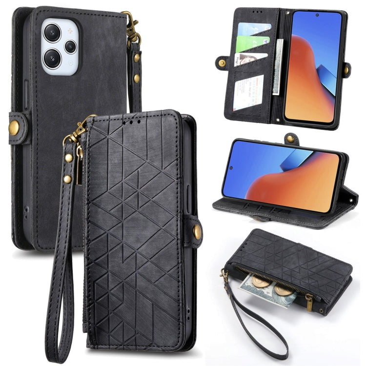 Black geometric zipper wallet leather phone case with card slots and wrist strap