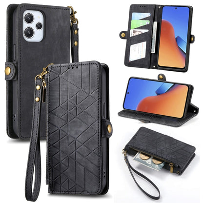 Black geometric zipper wallet leather phone case with card slots and wrist strap