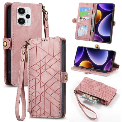 Geometric zipper wallet phone case with side buckle and wrist strap, pink leather-look