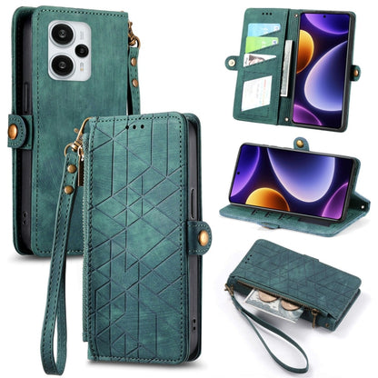 Geometric zipper wallet phone case with side buckle and wrist strap, green leather-look