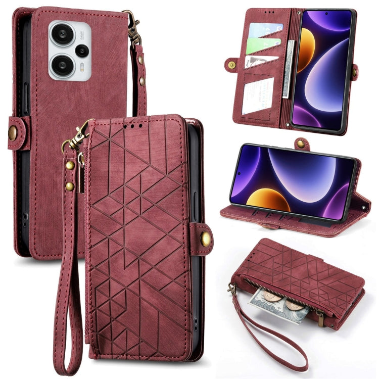 Geometric zipper wallet phone case with side buckle and wrist strap, burgundy leather-look
