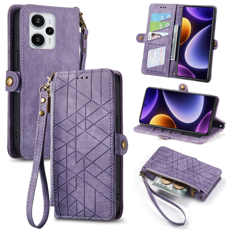 Geometric zipper wallet phone case with side buckle and wrist strap, purple leather-look