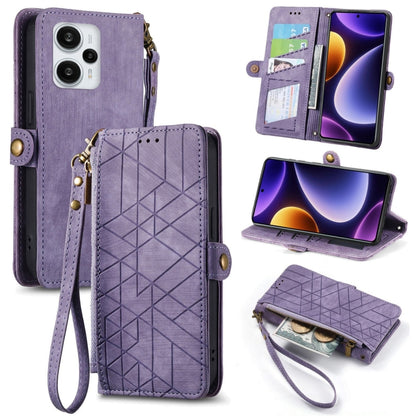Geometric zipper wallet phone case with side buckle and wrist strap, purple leather-look