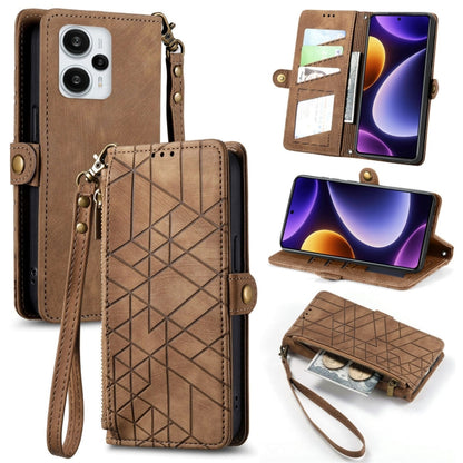 Geometric zipper wallet phone case with side buckle and wrist strap, brown leather-look