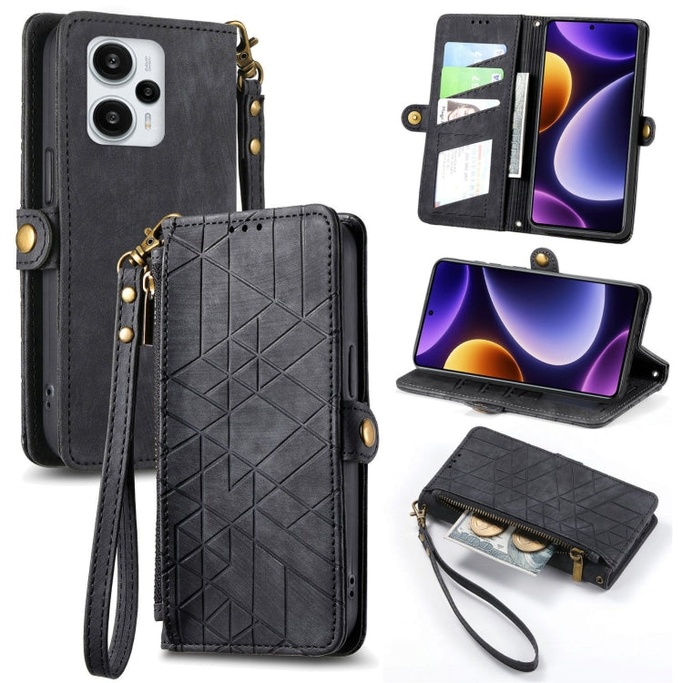 Geometric zipper wallet phone case with side buckle, wrist strap, black leather-look wallet