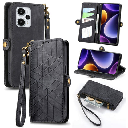 Geometric zipper wallet phone case with side buckle, wrist strap, black leather-look wallet