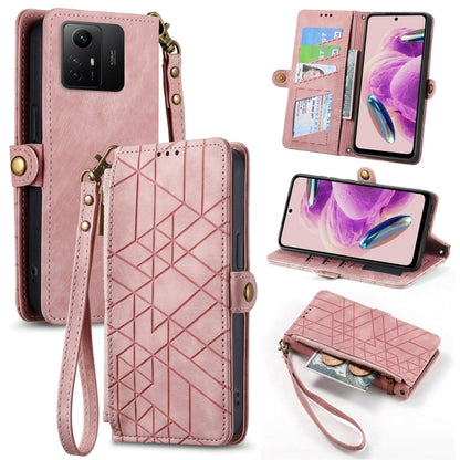 Pink geometric zipper wallet leather phone case with wrist strap and card slots
