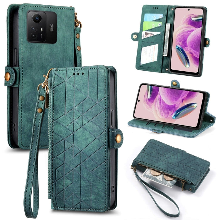 Teal leather wallet phone case with geometric pattern, card slots, side buckle, zip closure