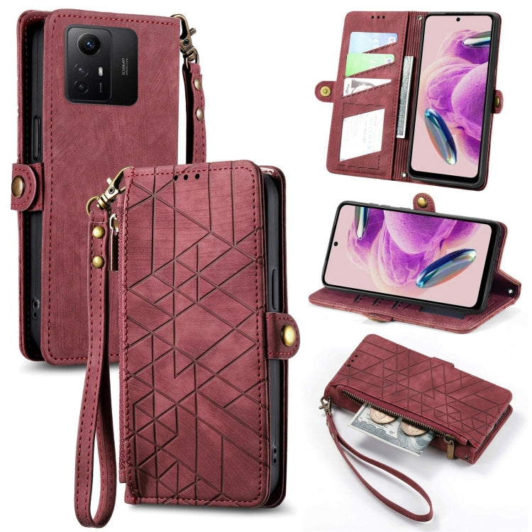 Maroon leather wallet phone case with geometric pattern, card slots, side buckle, zip closure