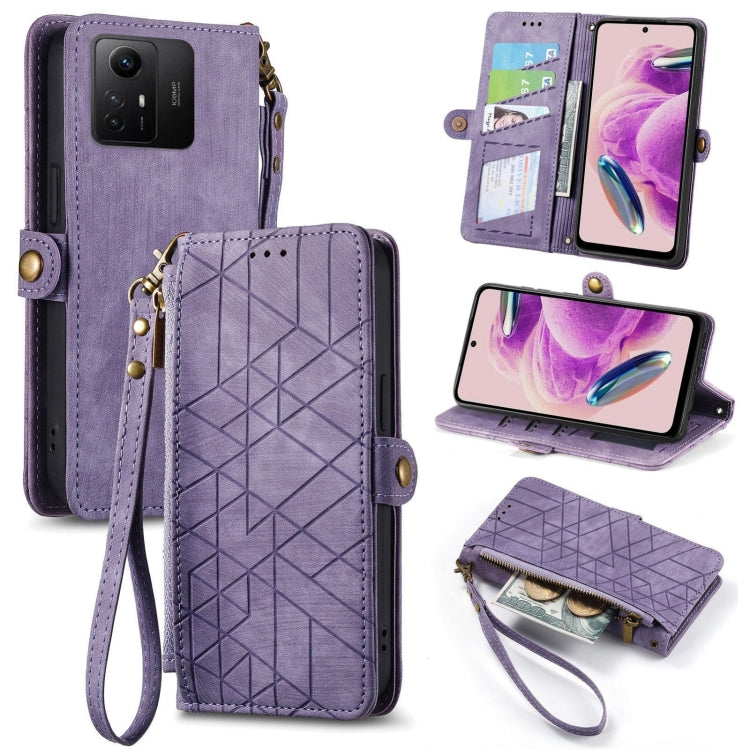 Purple leather wallet phone case with geometric pattern, card slots, side buckle, zip closure