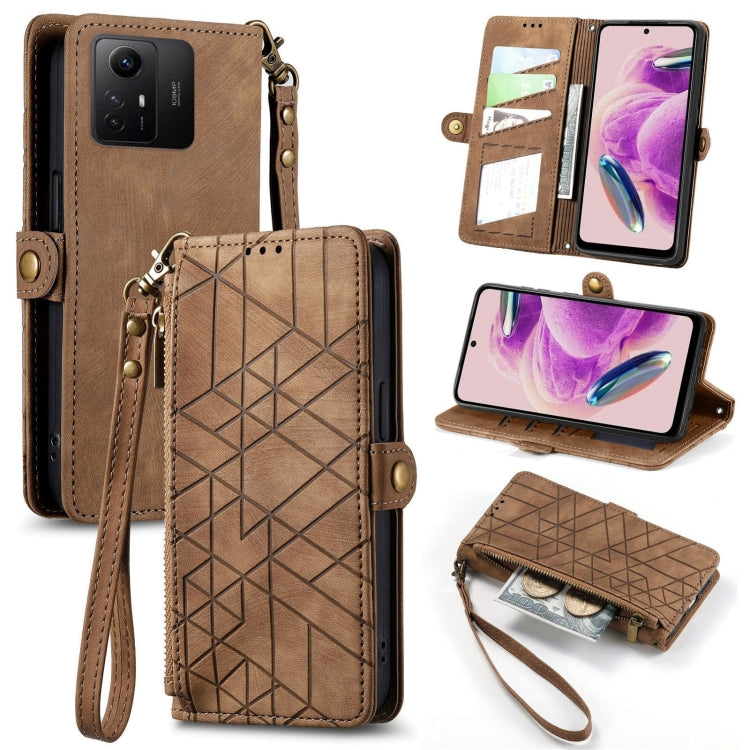 Brown leather wallet phone case with geometric pattern, card slots, side buckle, zip closure