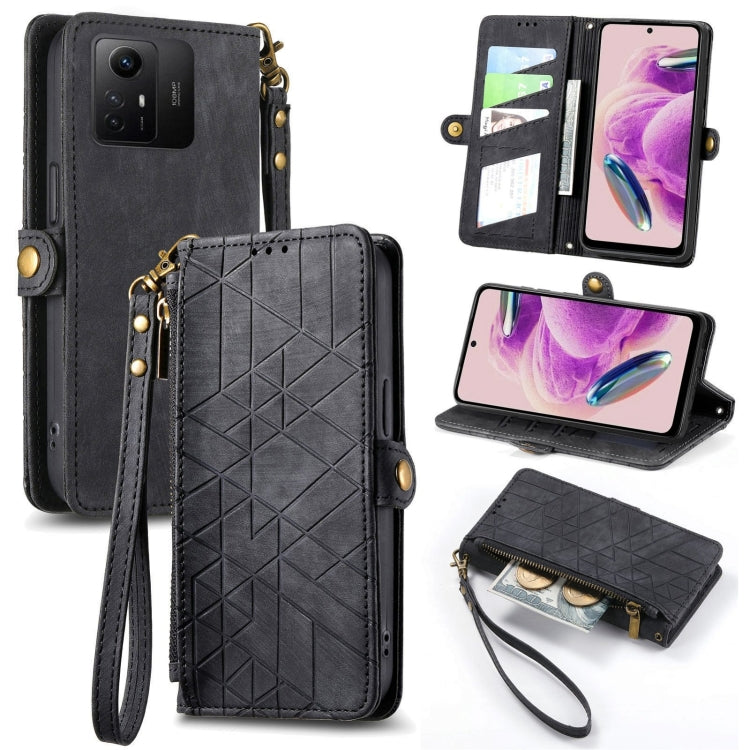Black leather wallet phone case with geometric pattern, card slots, side buckle, zip closure
