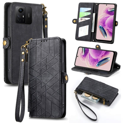 Black leather wallet phone case with geometric pattern, card slots, side buckle, zip closure