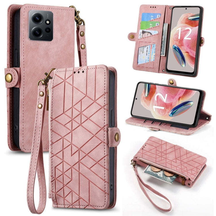 Pink leather wallet phone case with geometric pattern, card slots, side buckle, zip closure