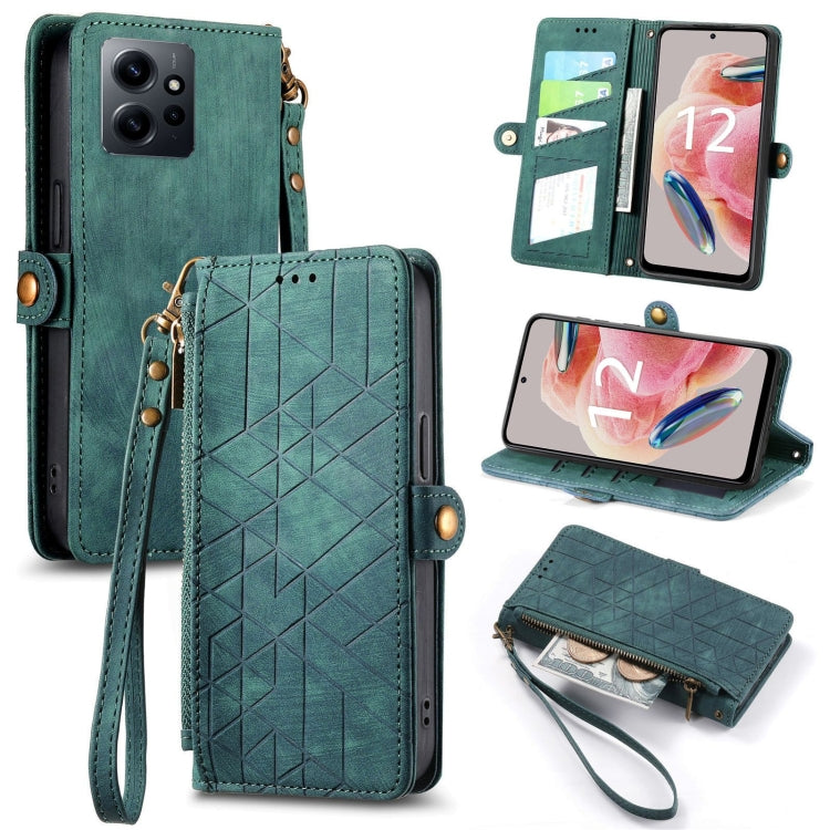 Teal leather wallet phone case with geometric pattern, card slots, side buckle, zip closure