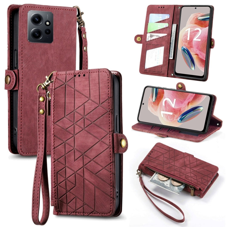Maroon leather wallet phone case with geometric pattern, card slots, side buckle, zip closure
