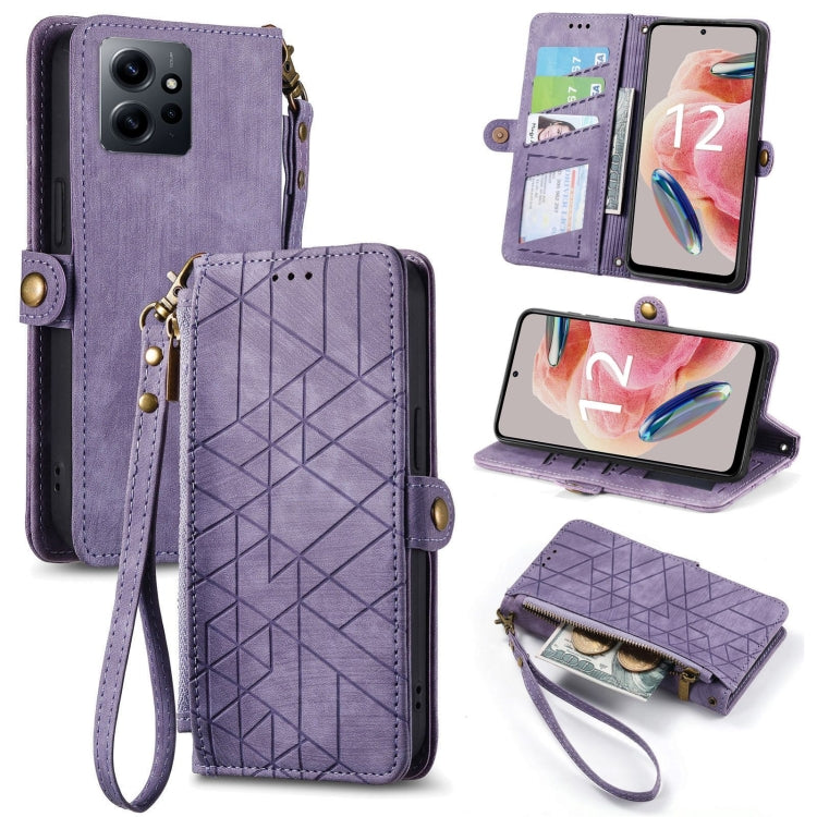 Purple leather wallet phone case with geometric pattern, card slots, side buckle, zip closure