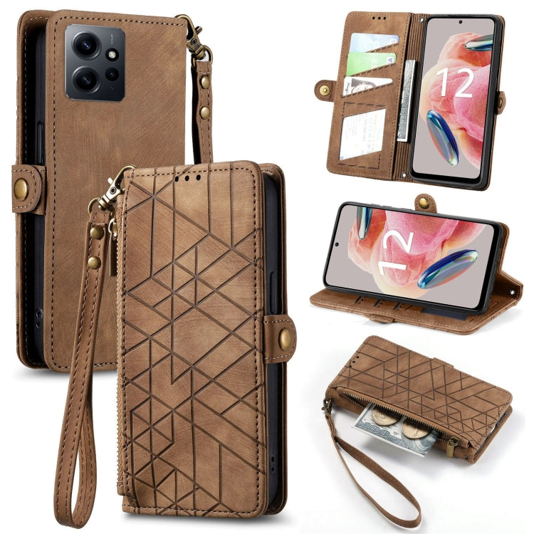 Brown leather wallet phone case with geometric pattern, card slots, side buckle, zip closure