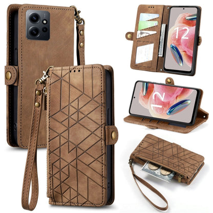 Brown leather wallet phone case with geometric pattern, card slots, side buckle, zip closure