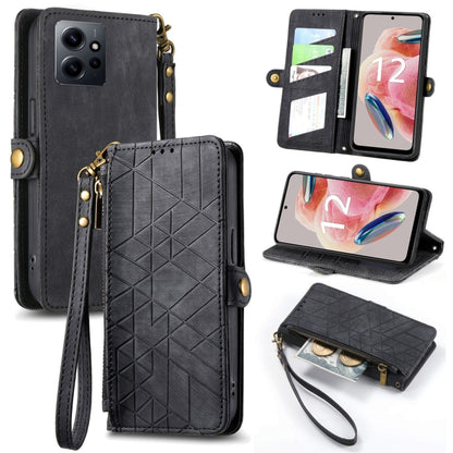 Geometric zipper wallet phone case with side buckle and wrist strap, black leather-look