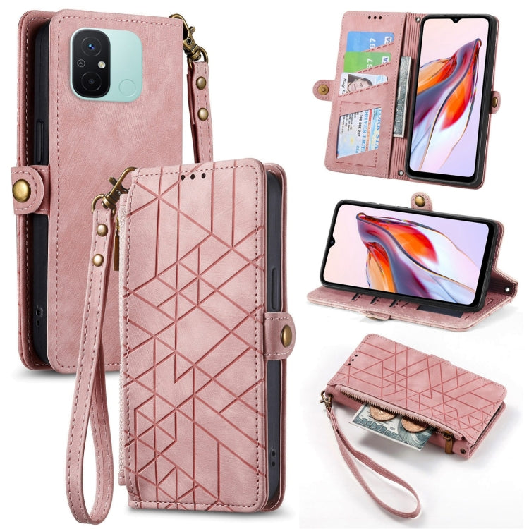 Geometric zipper wallet phone case with wrist strap, pink leather-look with card slots