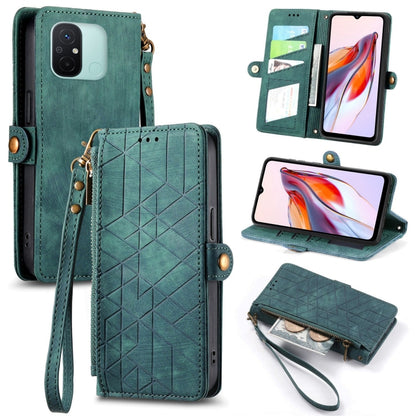 Geometric zipper wallet phone case with wrist strap, green leather-look with card slots
