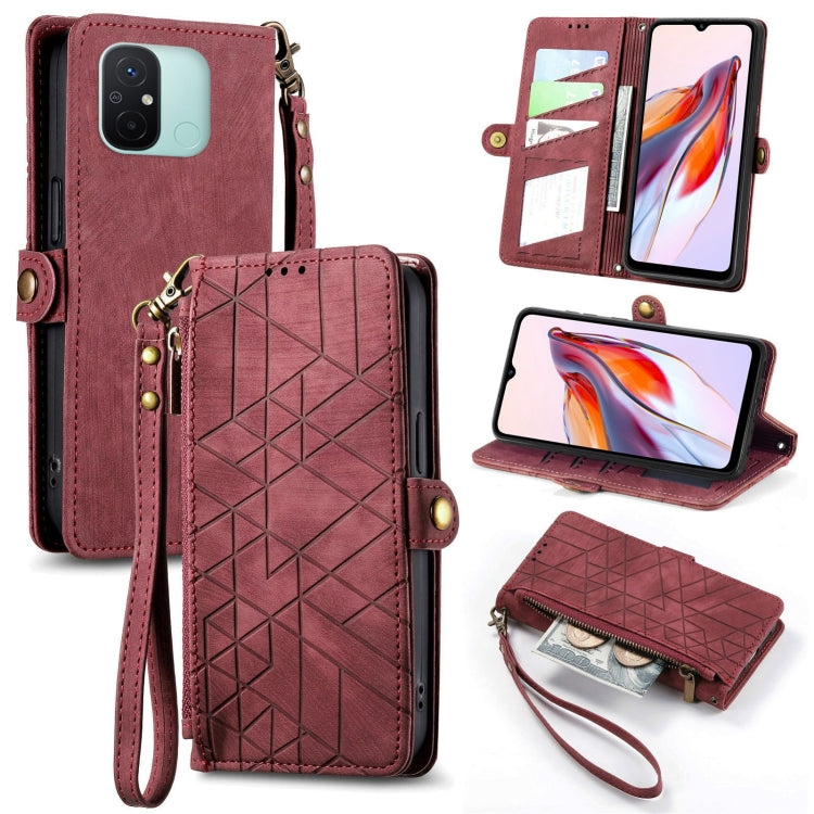 Geometric zipper wallet phone case with wrist strap, red leather-look with card slots