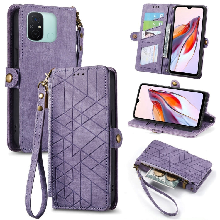 Geometric zipper wallet phone case with wrist strap, purple leather-look with geometric pattern