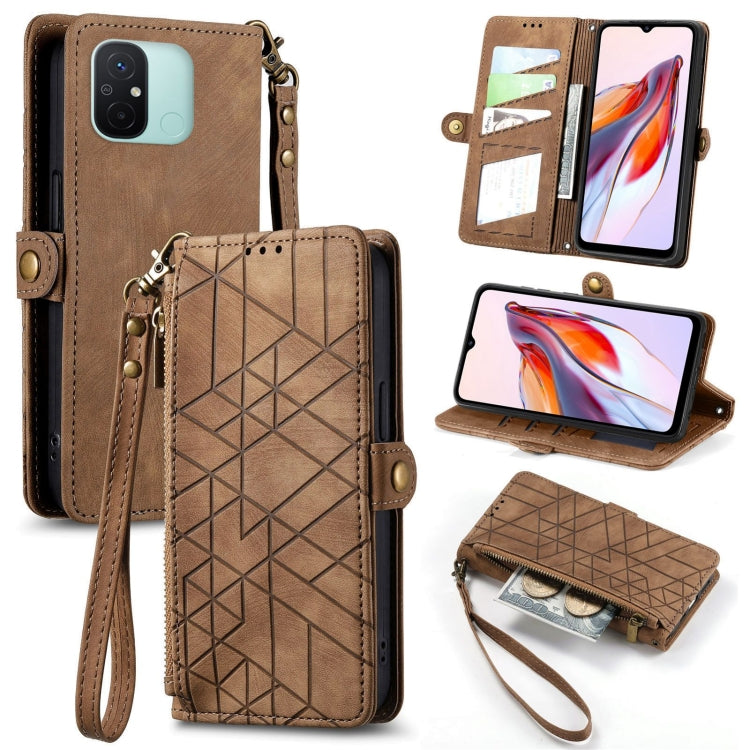 Geometric zipper wallet phone case with wrist strap, brown leather-look with geometric pattern