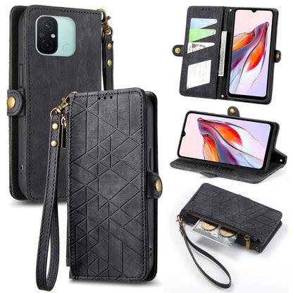 Geometric zipper wallet phone case with wrist strap, black leather-look with geometric pattern
