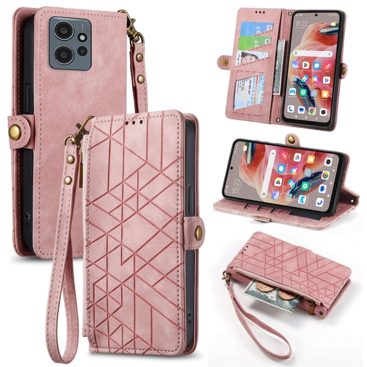 Geometric zipper wallet phone case with side buckle and wrist strap, light pink leather-look