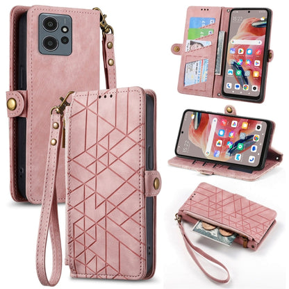 Geometric zipper wallet phone case with side buckle and wrist strap, light pink leather-look