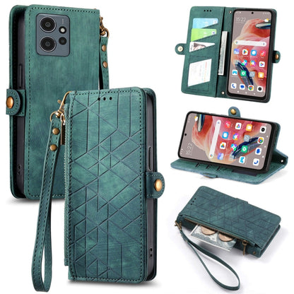 Geometric zipper wallet phone case with side buckle and wrist strap, teal green leather-look