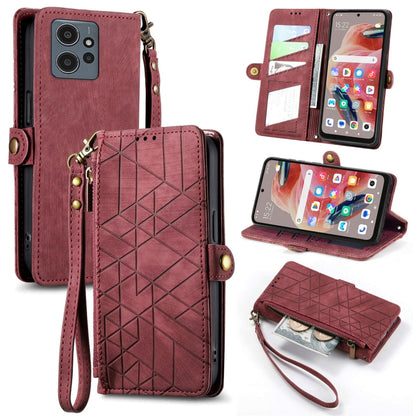 Geometric zipper wallet phone case with side buckle and wrist strap, wine red leather-look